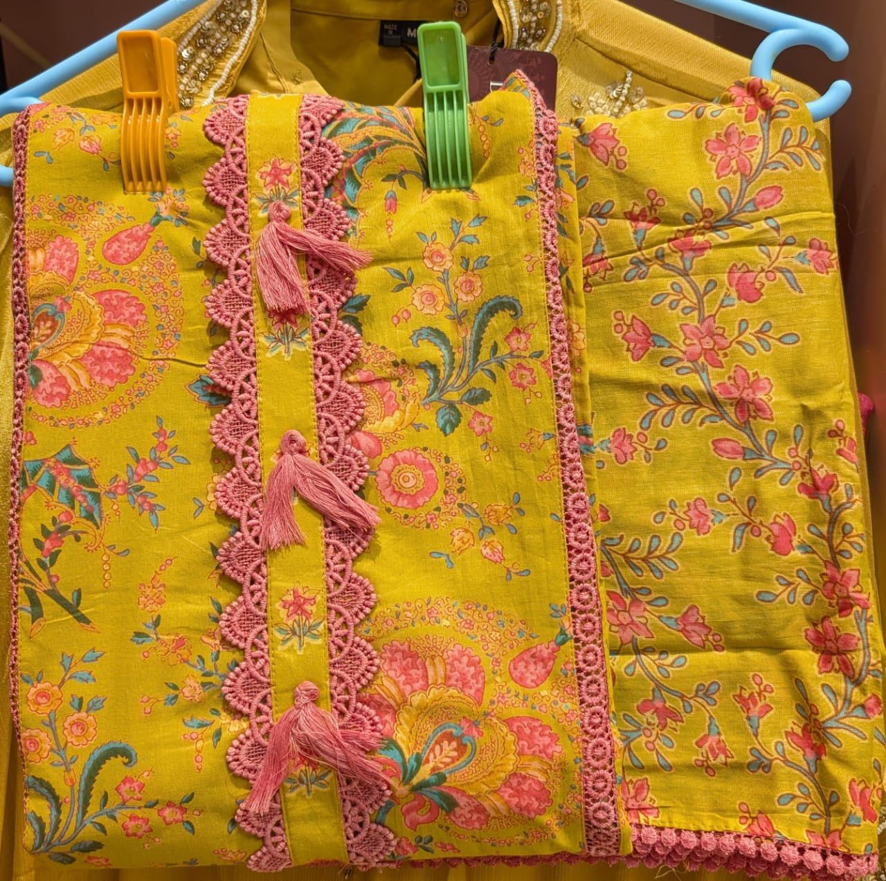 Mustard Yellow Floral Cotton Dress Material | Pink Crochet Lace Tassel Border | Boho Ethnic Summer Wear, Material: Oxidised, Style: Ring