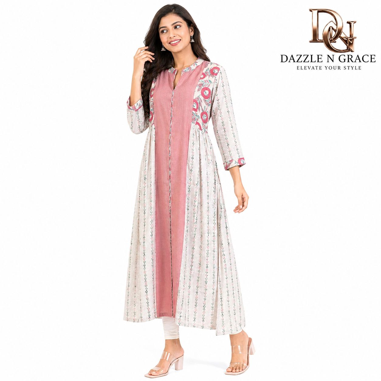 Pastel Pink &amp; Cream Printed Long Kurti with Front Panel Design
