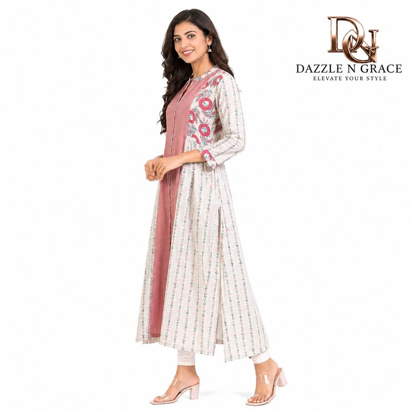 Pastel Pink &amp; Cream Printed Long Kurti with Front Panel Design