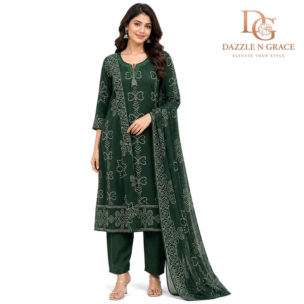 Olive Green Bandhani Inspired Salwar Suit with Tassel Neckline &amp; Dupatta | Festive Ethnic Wear