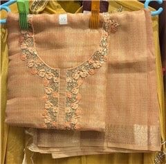 Peach Golden Zari Check Dress Material | Floral Mirror Neck Embroidery Silk Blend | Semi-Formal Festive, Colour: Peach, Fabric: Silk, Size: Free Size