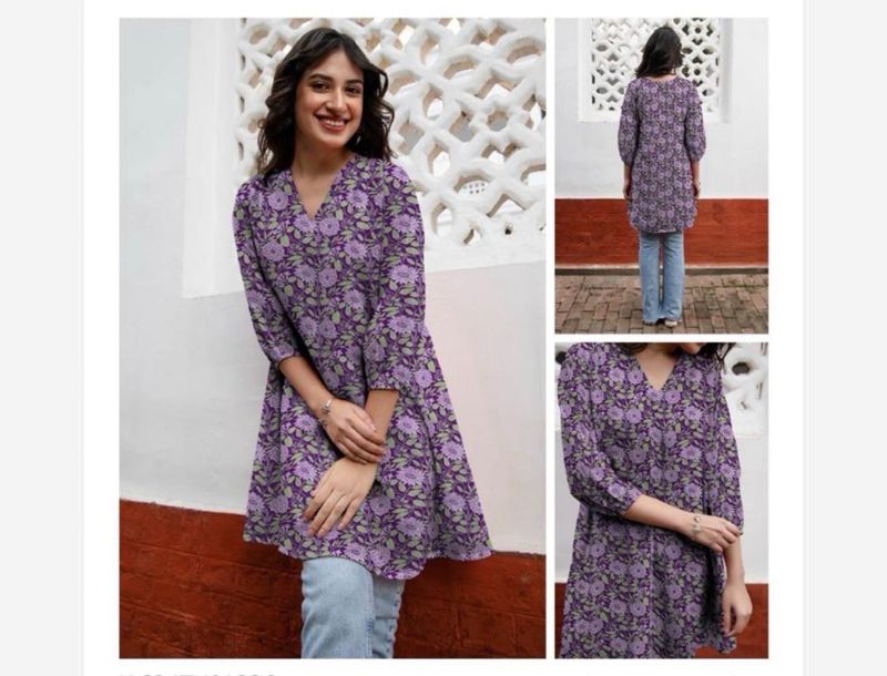 Jenesiya Purple Floral Long Tunic — V-Neck Rayon Blend in Lilac &amp; Green Print