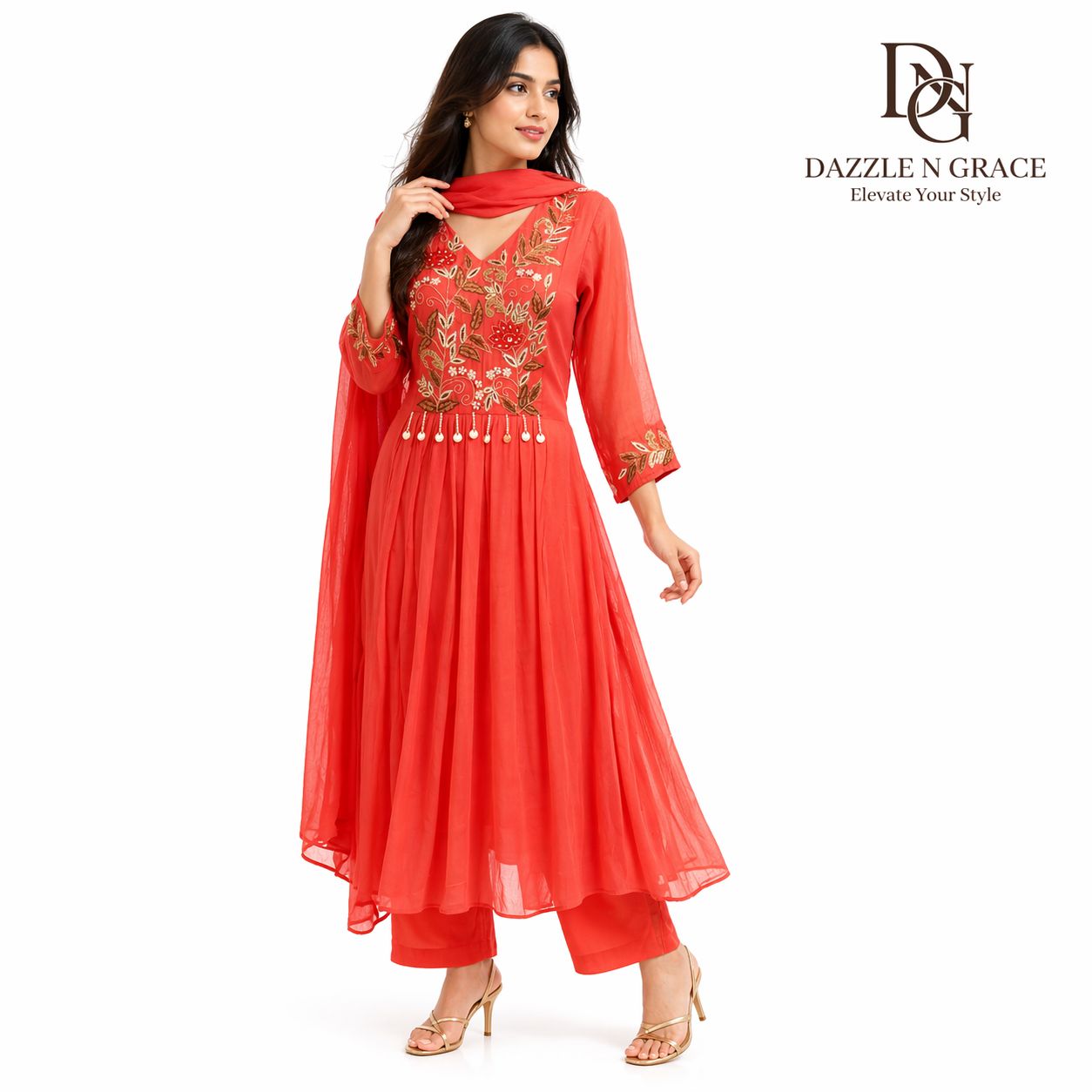 Peach Blossom Floral Embroidered Salwar Suit with Pearl Beadwork &amp; Dupatta | Festive Ethnic Wear