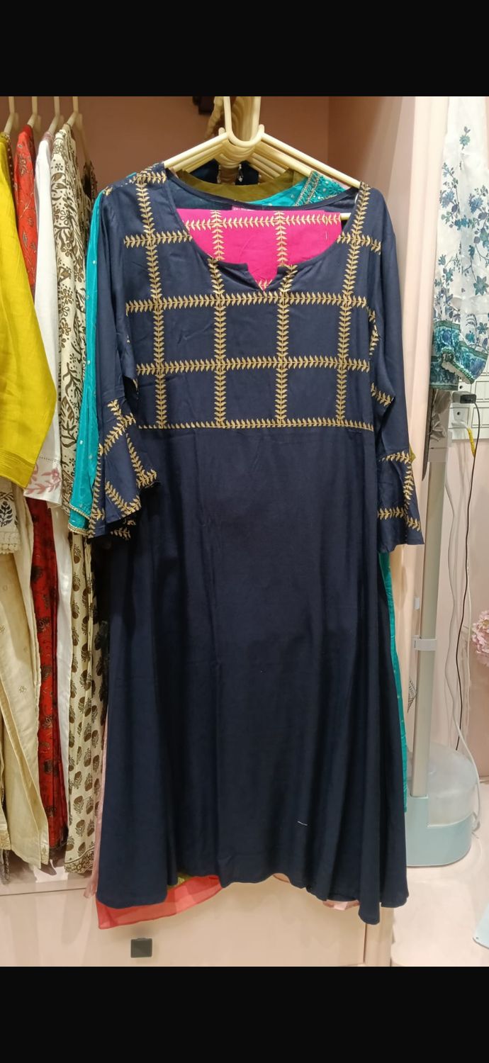Navy Blue Embroidered Flared Salwar Suit for Women, Colour: Navy Blue, Fabric: Cotton, Size: XXL