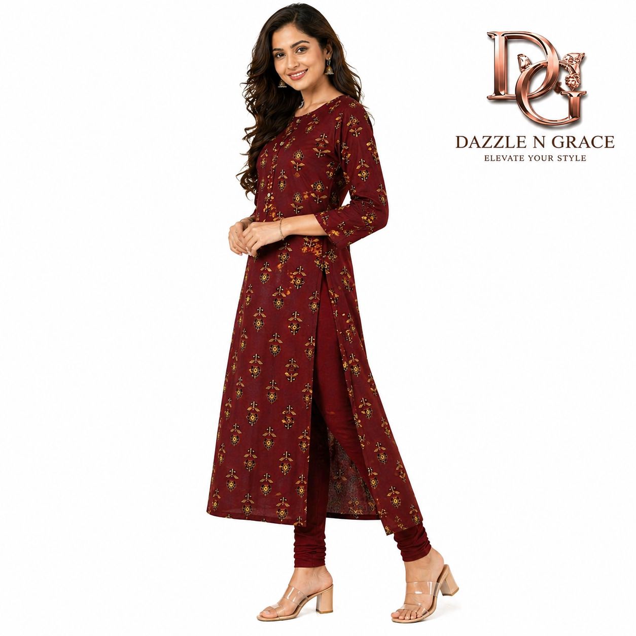 Maroon Floral Booti Print Synthetic Rayon Long Kurti, Colour: Red with Gold, Fabric: Rayon, Size: XL