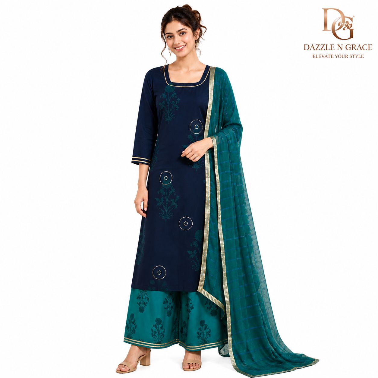 Midnight Teal Botanical Print Kurta with Gold Piping, Striped Pant &amp; Crinkle Dupatta | Festive Ethnic Set, Colour: Navy Blue, Fabric: Other, Size: L