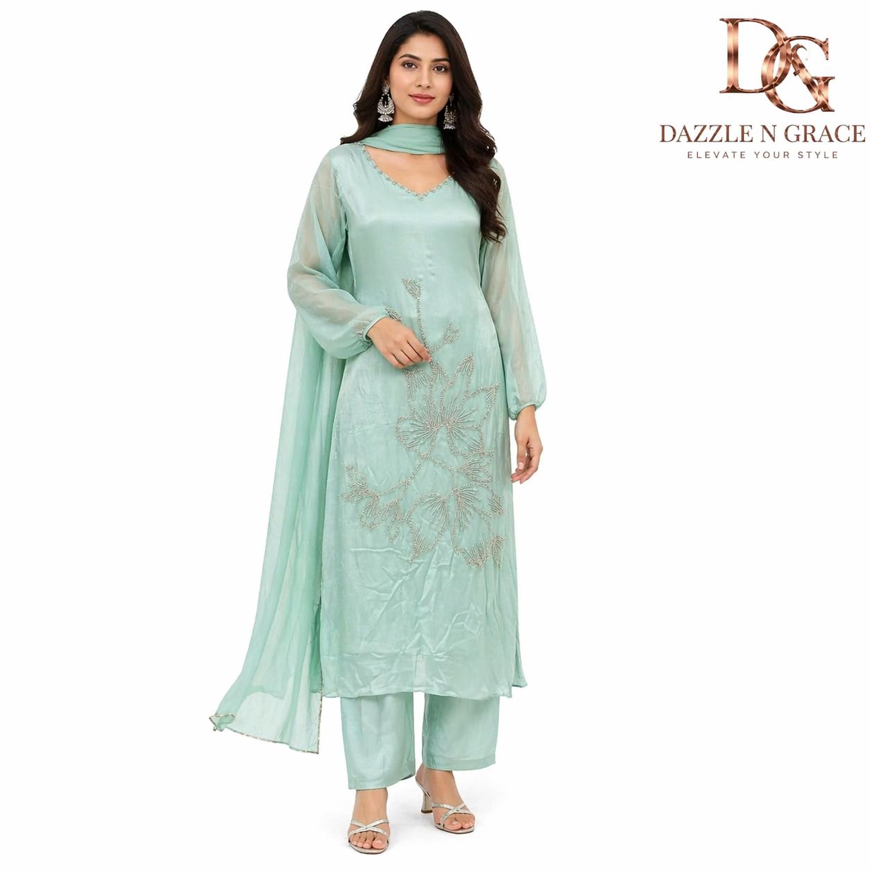 Mint Green Floral Embroidered Straight Kurta with Silver Beadwork Neckline | Festive Ethnic Wear