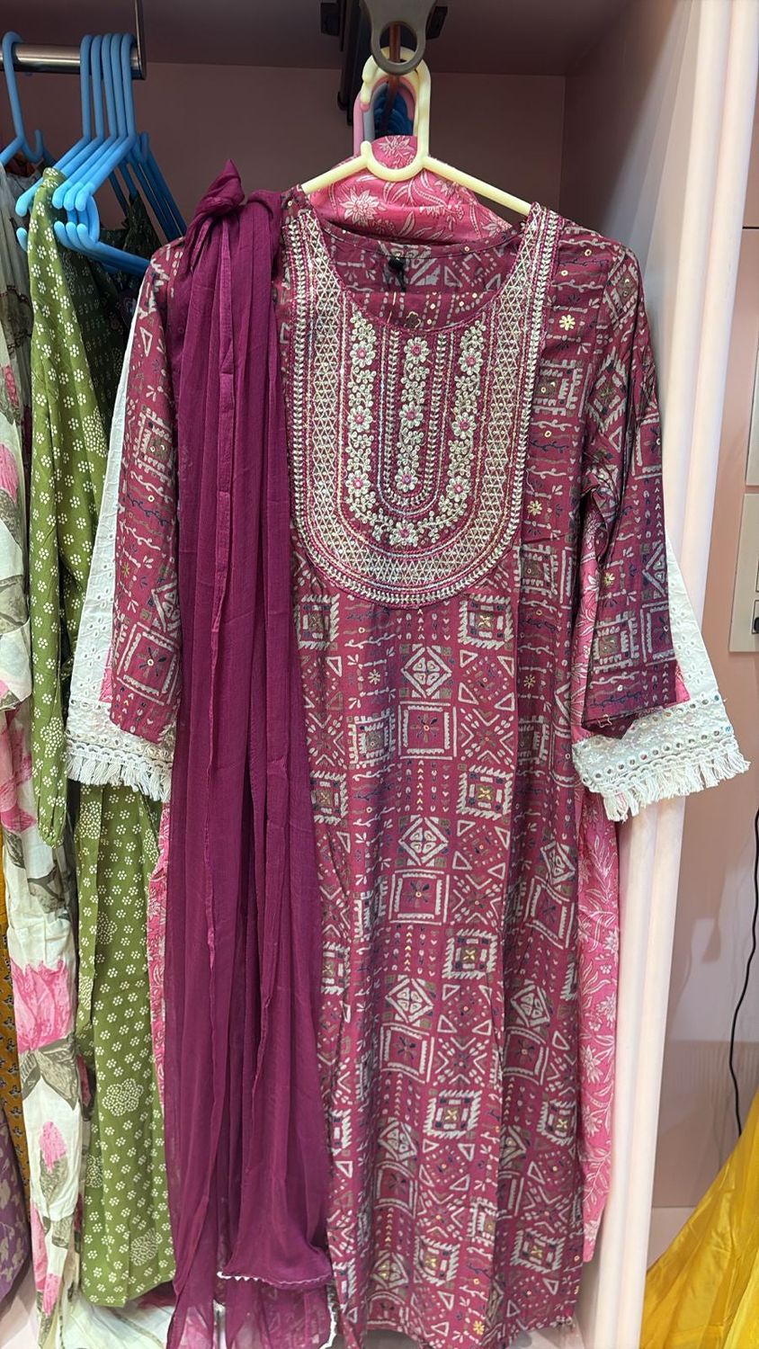 Mehr Wine Ajrakh Print Embroidered Kurta with Matching Dupatta | Festive Ethnic Wear for Women, Colour: Rani Colour, Fabric: Other, Size: L