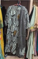 Monochrome Leaf Print Salwar Suit with Dupatta, Colour: Black And White, Fabric: Other, Size: L