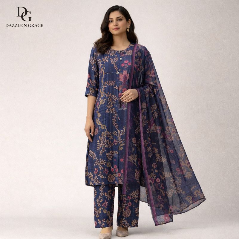 Navy Floral Printed Coord Set | Pink Beige Floral V-Slit Round Neck Wooden Buttons Soft Blend | M to 5XL
