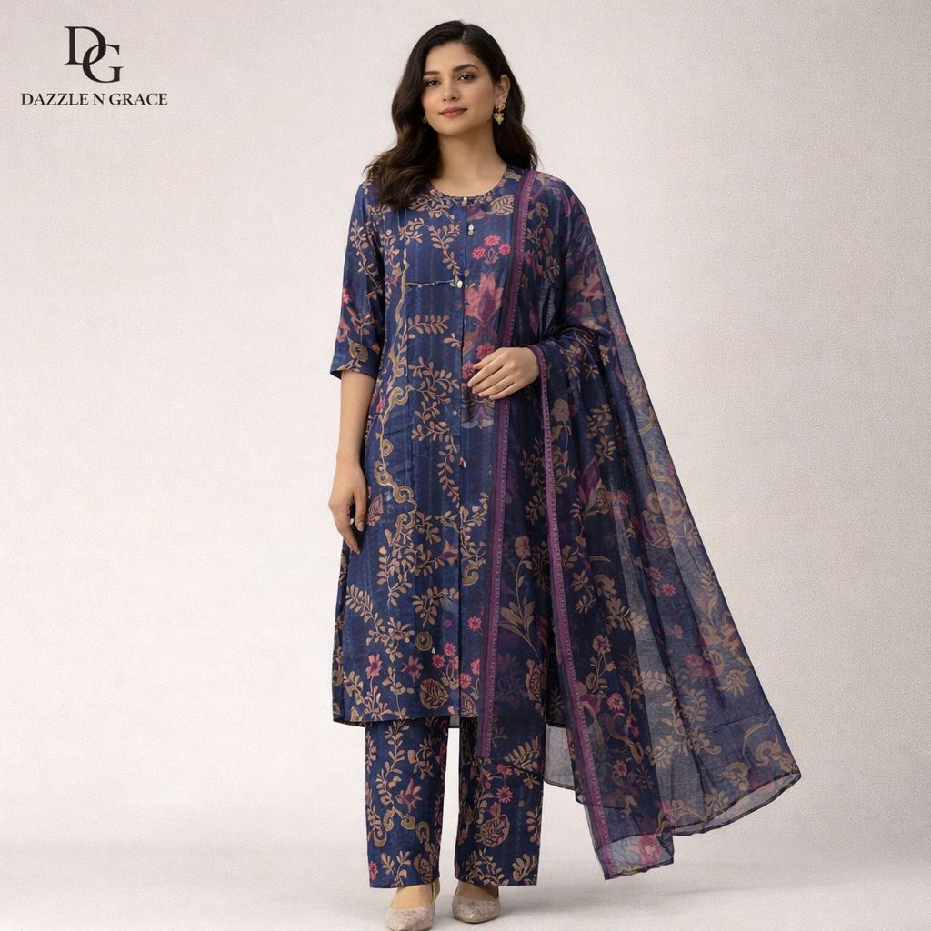 Navy Floral Printed Coord Set | Pink Beige Floral V-Slit Round Neck Wooden Buttons Soft Blend | M to 5XL, Colour: Navy Floral, Fabric: Other, Size: M