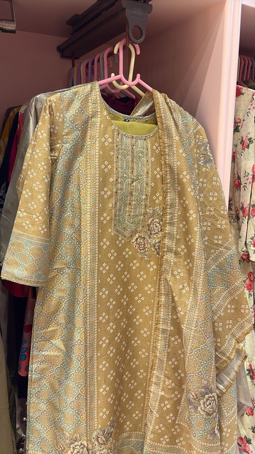Mustard Geometric Jaal Mirror Work 3-Piece Suit Set | Kurta, Straight Pants &amp; Printed Dupatta | Festive Wear