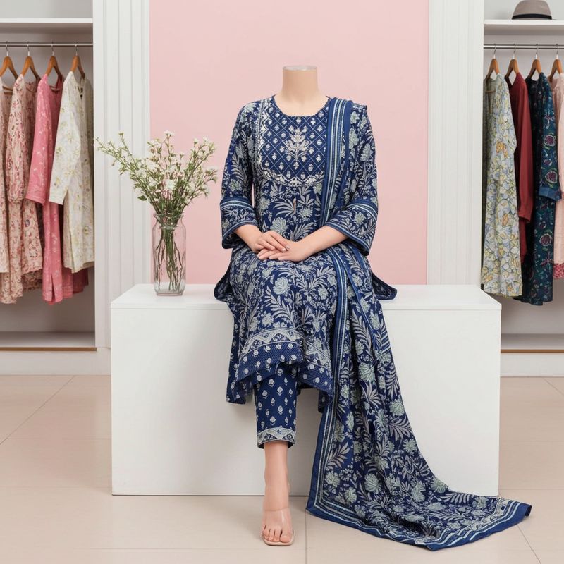 Navy Blue Anarkali Kurti with Floral Print, Straight Pants &amp; Dupatta | Festive Ethnic Set