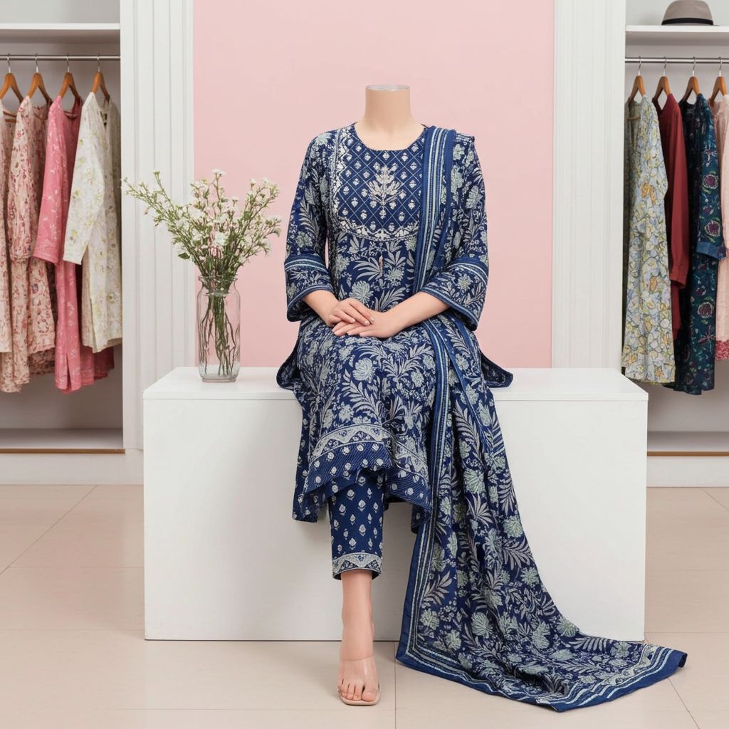 Navy Blue Anarkali Kurti with Floral Print, Straight Pants &amp; Dupatta | Festive Ethnic Set, Colour: Blue, Fabric: Cotton, Size: 3XL