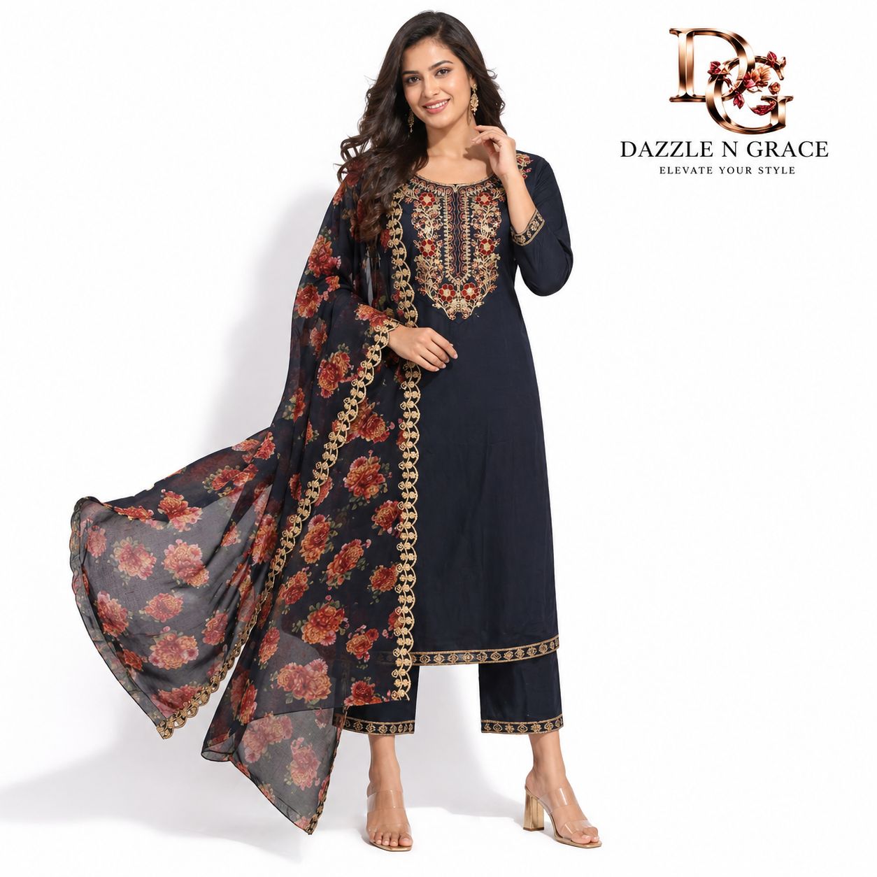 Navy Blue Zari Embroidered Kurta with Floral Sheer Dupatta | Festive Ethnic 2-Piece Set