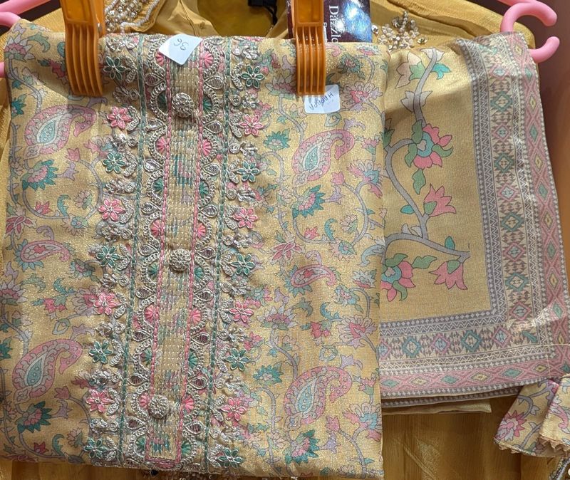 Mustard Gold Printed &amp; Embroidered Cotton Silk Dress Material | Zari Thread Floral Paisley | 3-Piece Unstitched