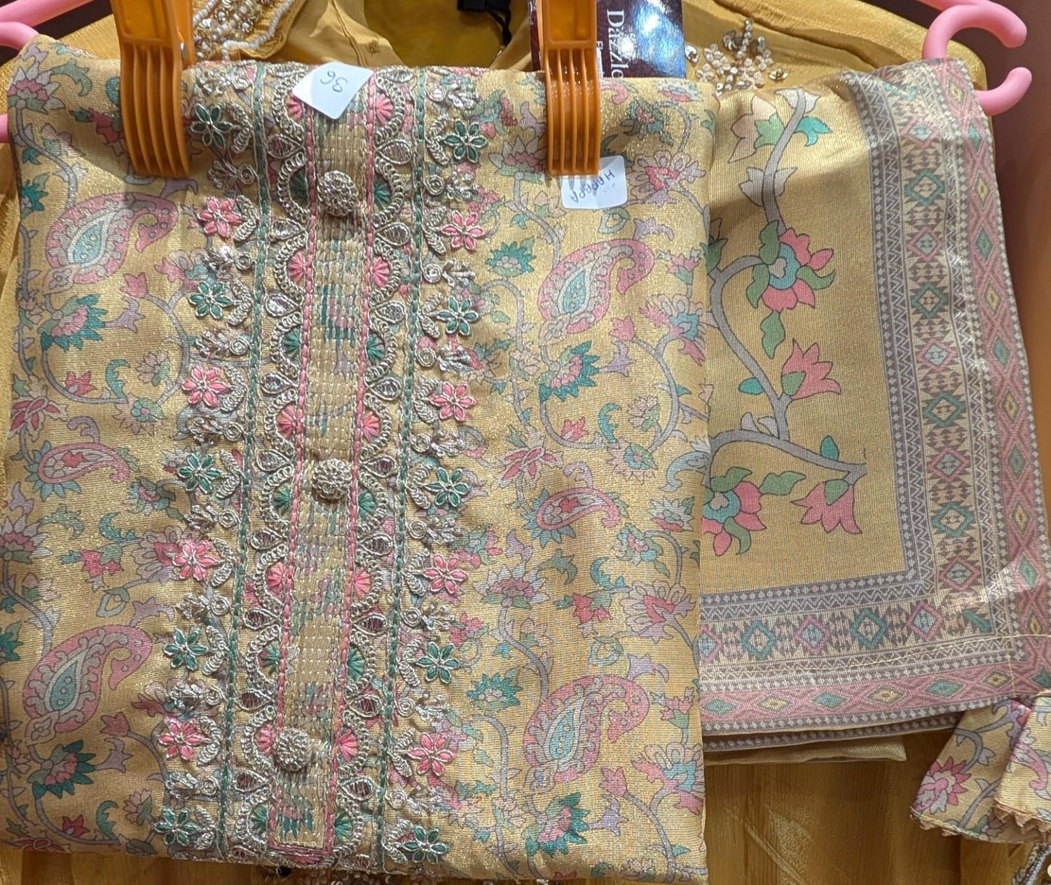 Mustard Gold Printed &amp; Embroidered Cotton Silk Dress Material | Zari Thread Floral Paisley | 3-Piece Unstitched, Material: Imitation, Style: Ring