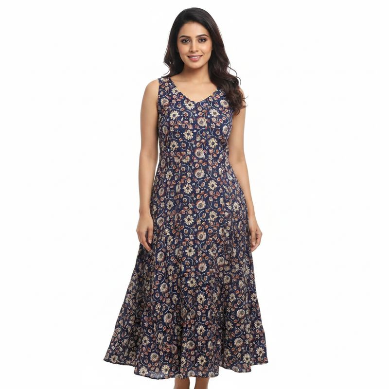 Navy Blue Floral Printed Long Kurti – Elegant Sleeveless Ethnic Wear for Women
