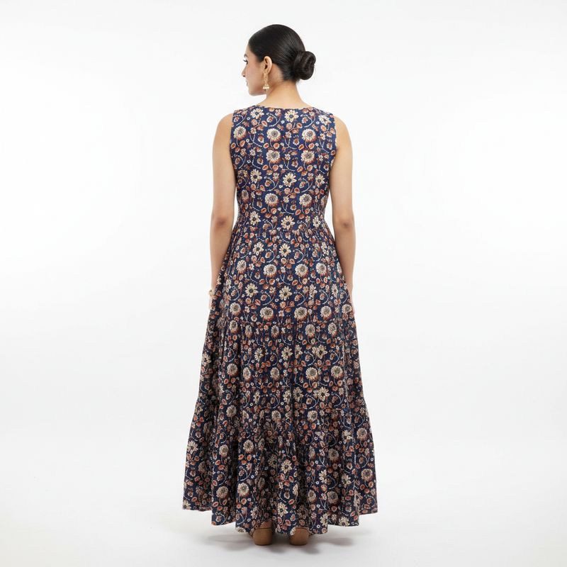 Navy Blue Floral Printed Long Kurti – Elegant Sleeveless Ethnic Wear for Women