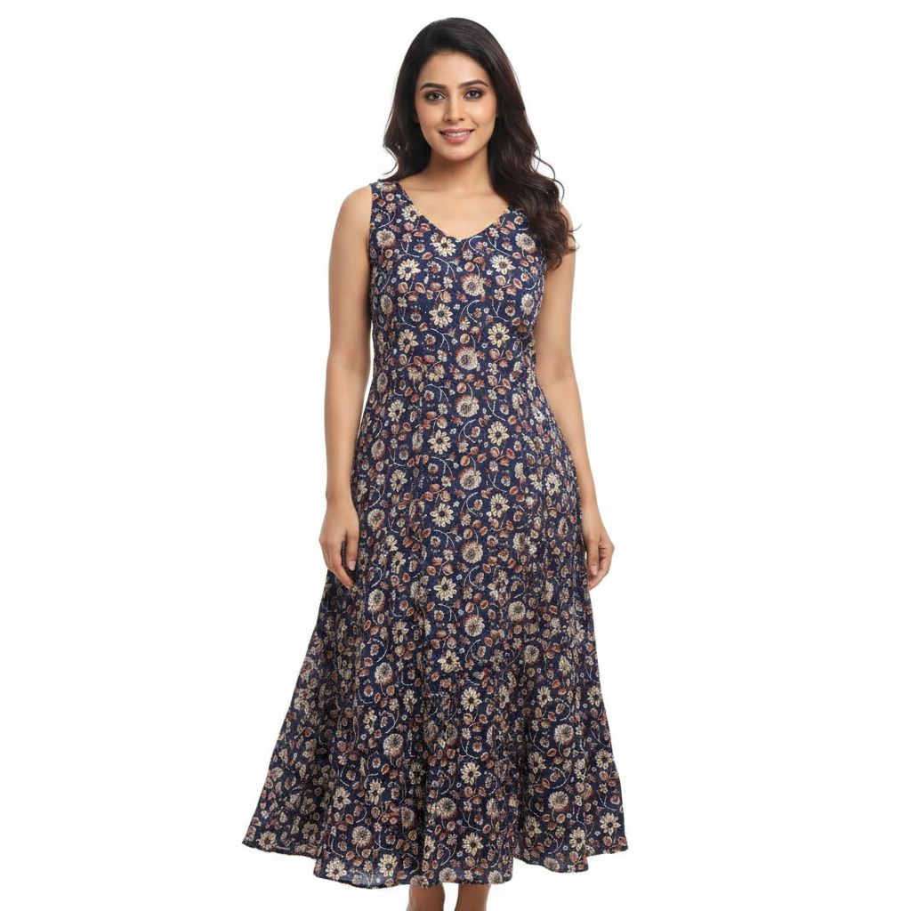 Navy Blue Floral Printed Long Kurti – Elegant Sleeveless Ethnic Wear for Women, Colour: Navy Blue, Fabric: Cotton, Size: M
