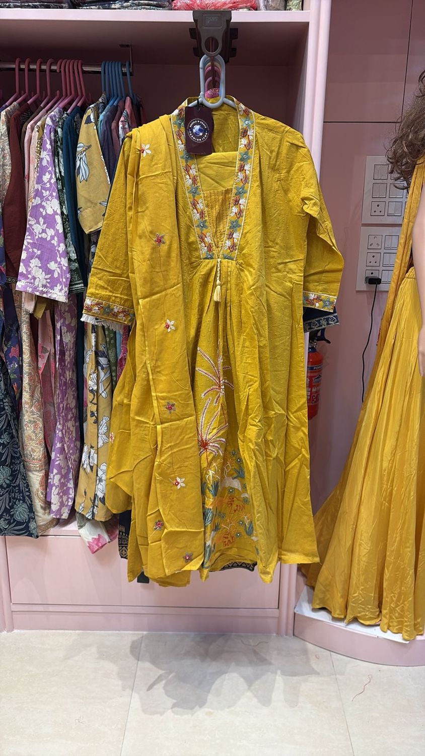 Mustard Marigold A-Line Layered Kurta with Floral Trim, Tassel Tie &amp; Contrast Inner Panel | Festive Ethnic Wear, Colour: Yellow, Fabric: Other, Size: XL