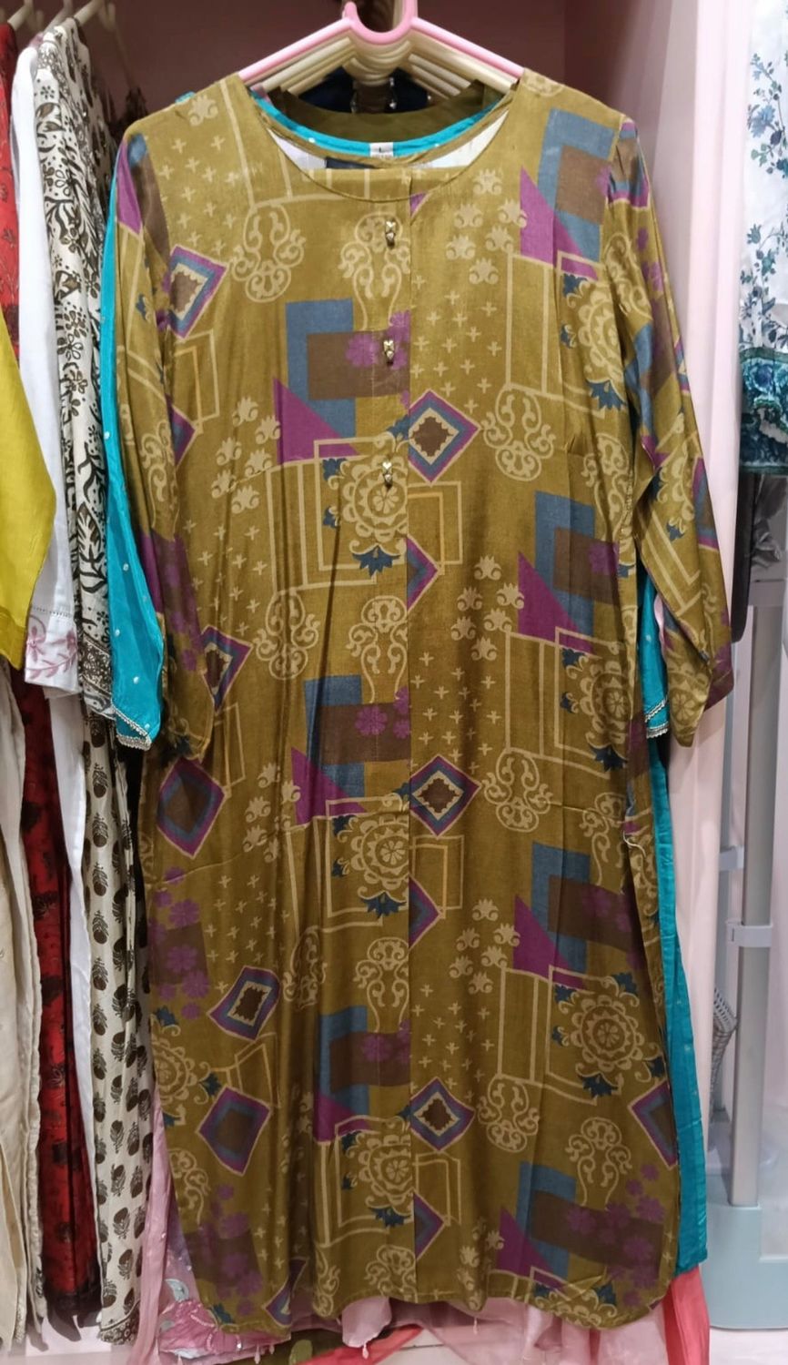 Olive Abstract Print Kurta Coord Set for Women, Colour: Olive, Fabric: Silk, Size: M