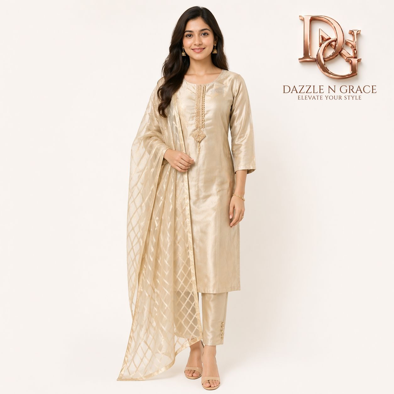 Platinum Silver Shimmer Pearl-Trim 3-Piece Suit Set | Kurta, Straight Pants &amp; Striped Dupatta | Festive Wear, Colour: Platinum Silver, Fabric: Silk, Size: M