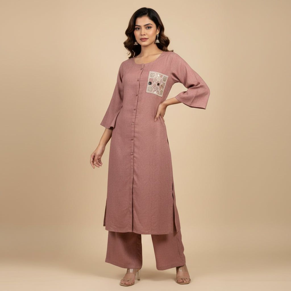 Women’s Solid Brown Cotton Blend Kurta Pant Set with Embroidered Patch Pocket
