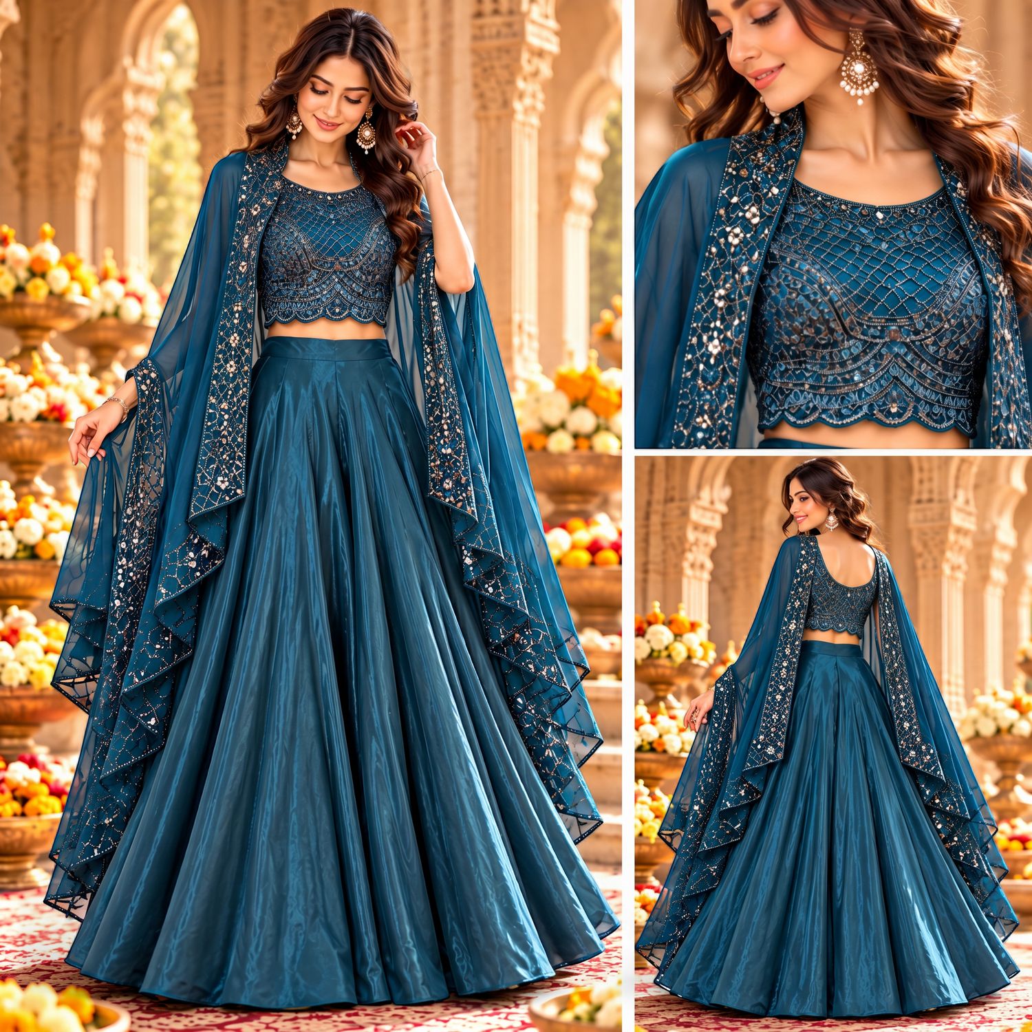 Teal Embroidered Cape Ghaghra Set