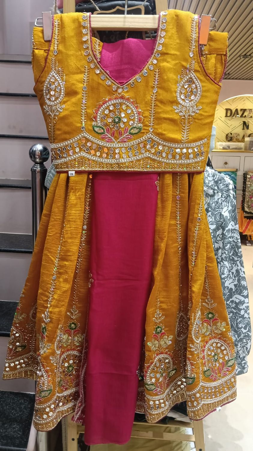 Mustard &amp; Pink Embroidered Festive Lehenga Set
