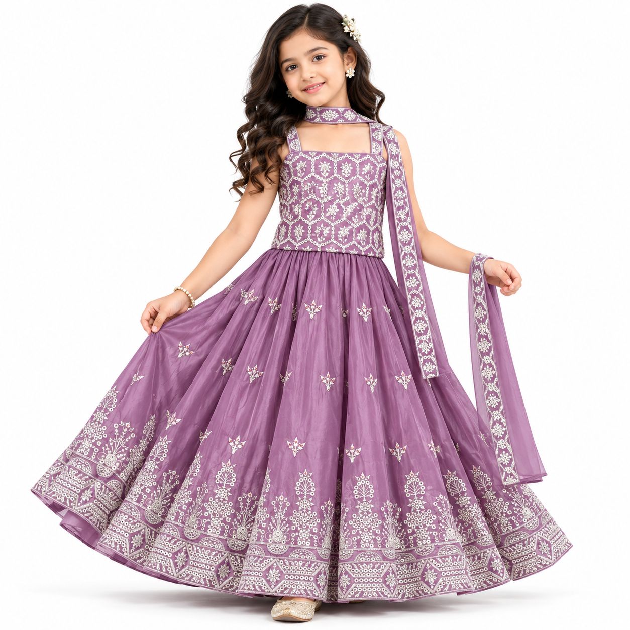 Lavender Embroidered Lehenga Set, Color: Lavender, Fabric: Silk-Organza mix, Size: 24