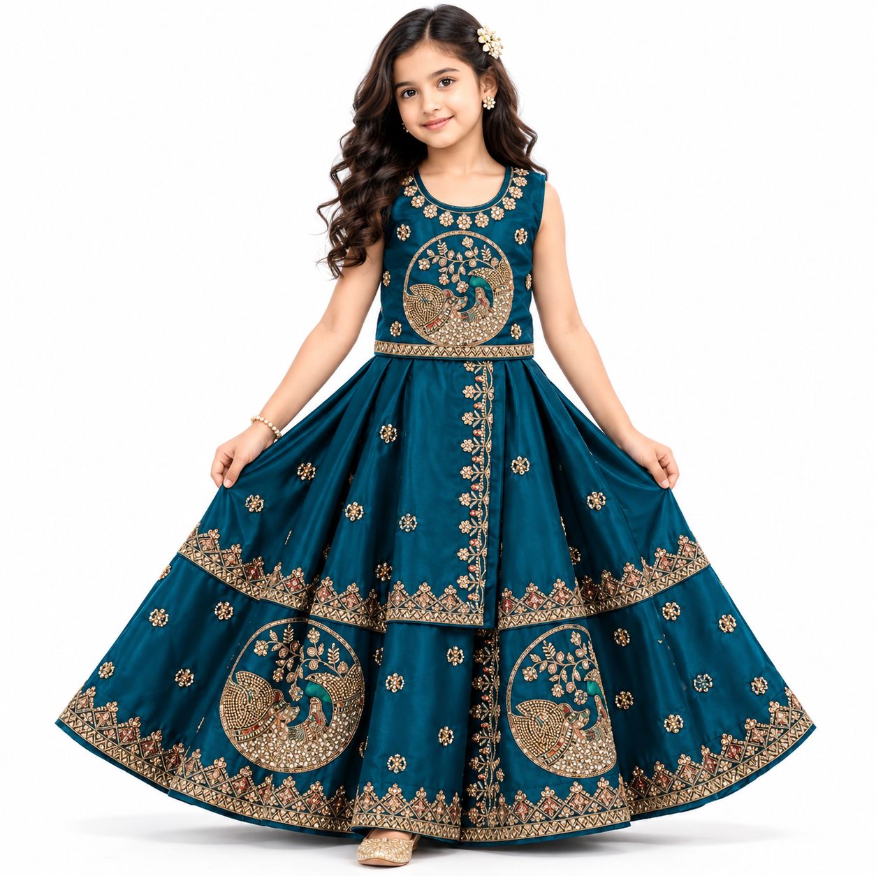 Teal Blue Peacock Embroidered Lehenga Set, Color: Blue, Fabric: Silk-Organza Mix, Size: 24