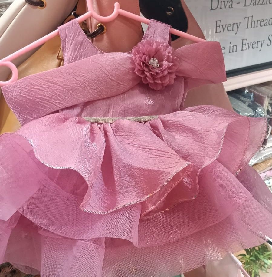 Blush Pink Floral Bow Layered Party Dress for Girls