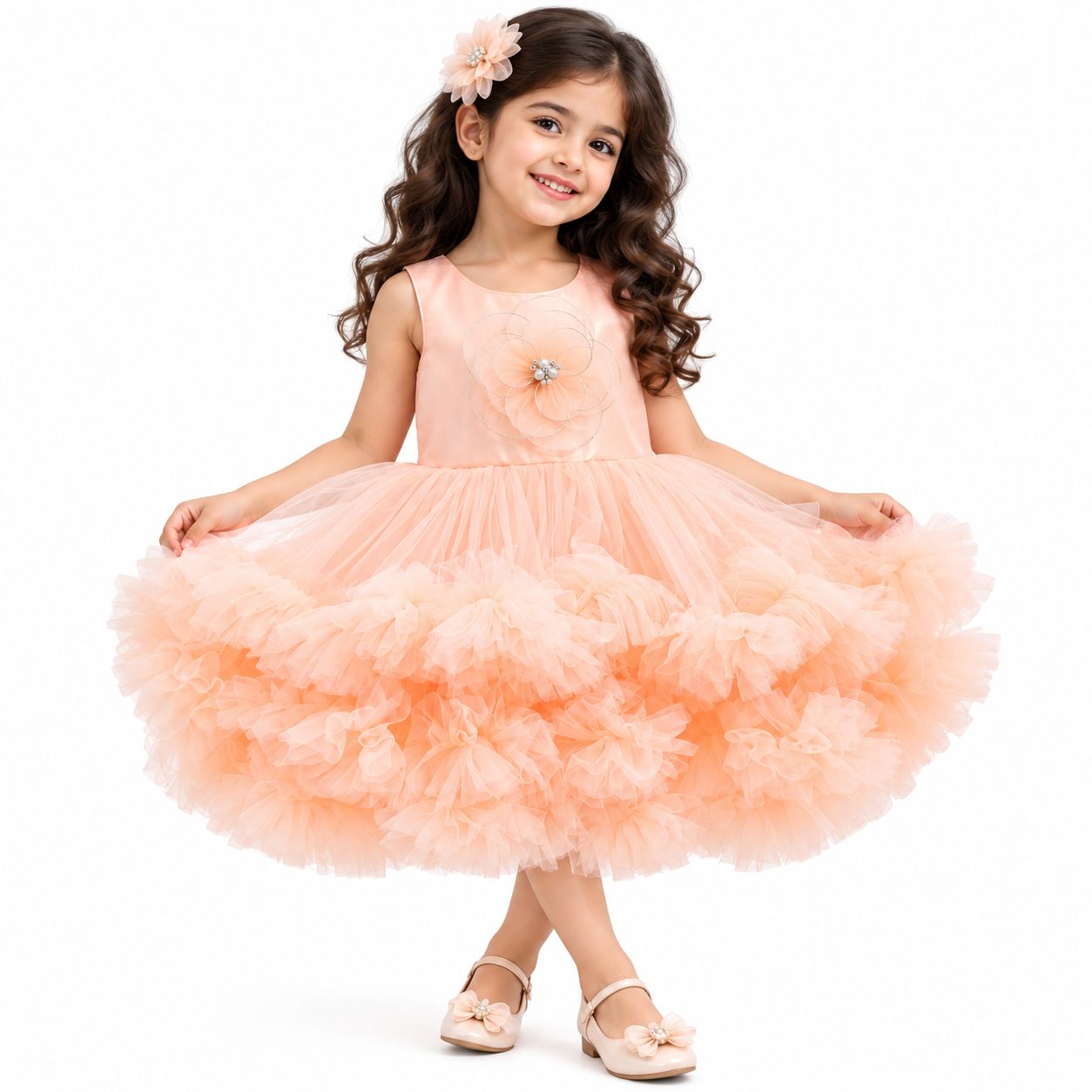 Peach Princess Tulle Party Dress for Girls, Color: Peach, Fabric: Tulle/Net with embelished Bodice, Size: 16