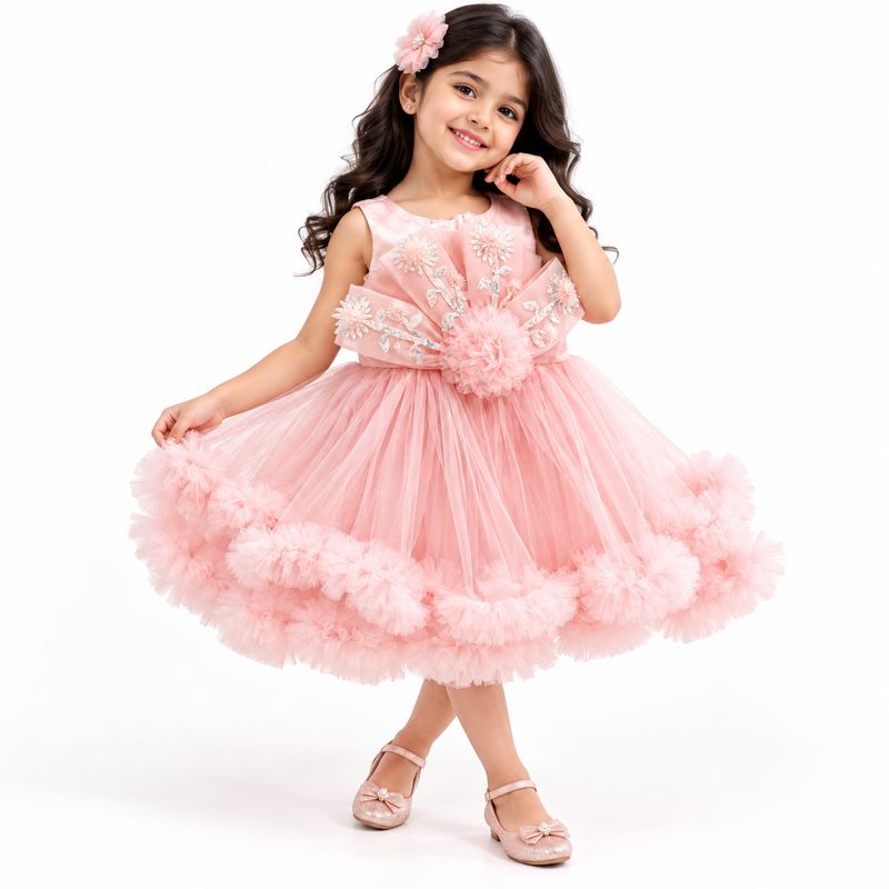 Blush Pink Floral Layered Party Dress for Girls