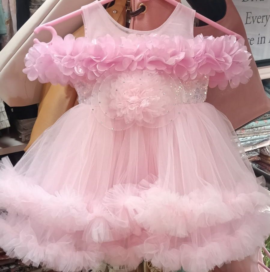 Blush Pink 3D Floral Tulle Party Dress for Girls