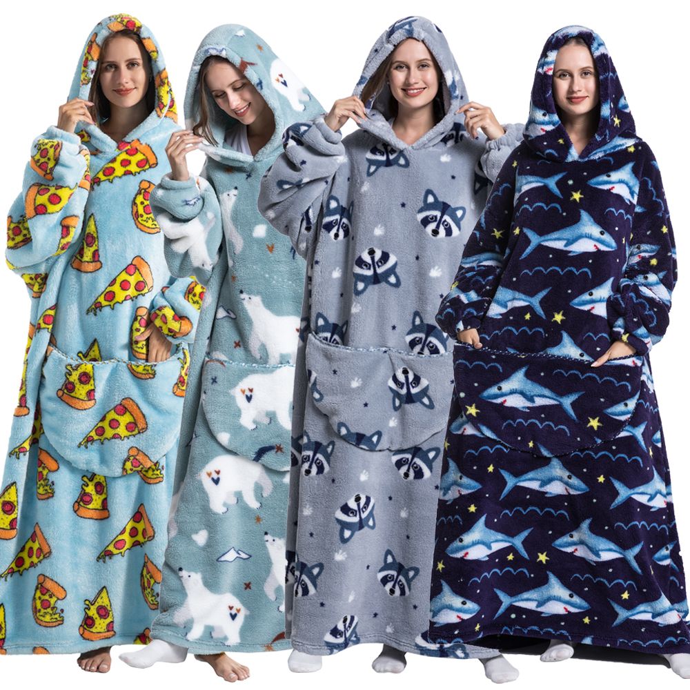 Long Cute Men Women Sherpa Fleece Adult Blanket with Sleeves