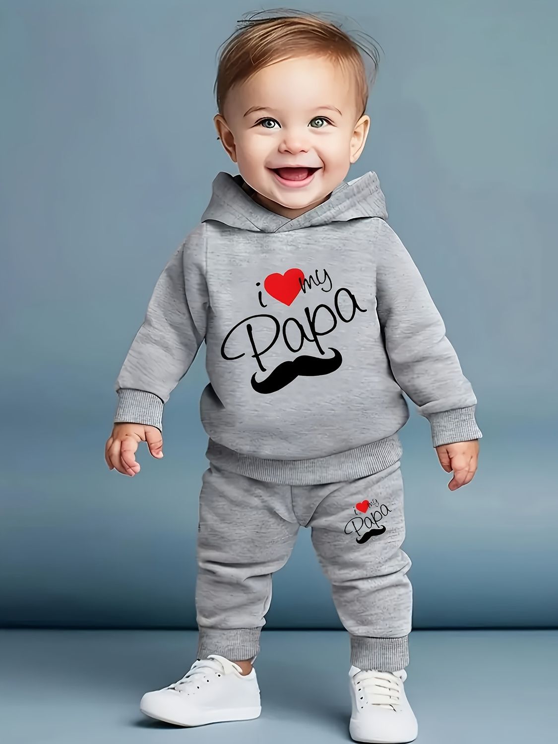 Newborn Baby Boy Long Sleeve Fleece Hoodie with Cartoon Letter Heart Print  Casual Sports Pants Set