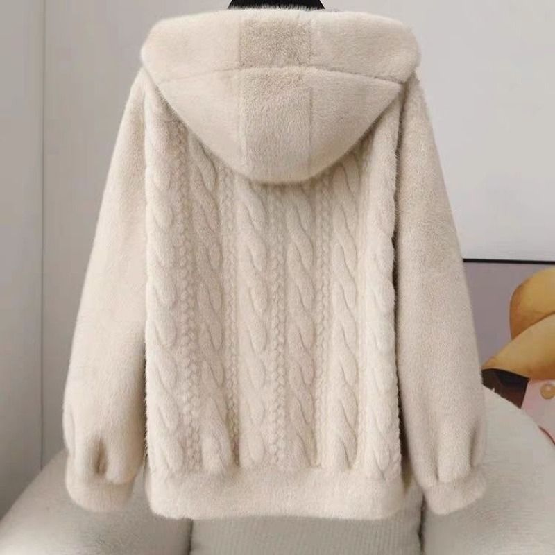 Mink Fleece Coat Hooded Short Mother Clothing integrated Thickened Fur winter Faux Fur Coat COFFEE Beige Winter OutCoat