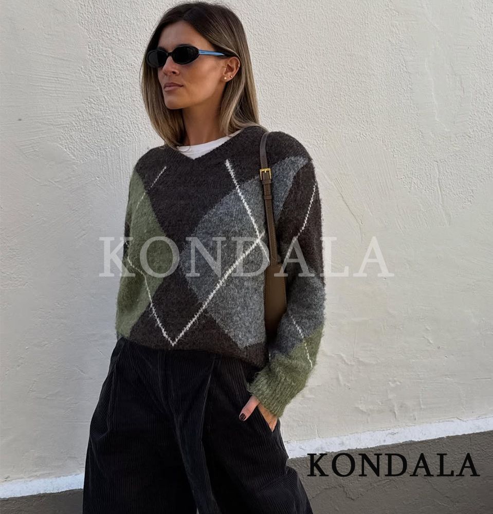 KONDALA Casual V-Neck Rhombus Sweater Women Elegant Simple Versatile Knit Sweater
