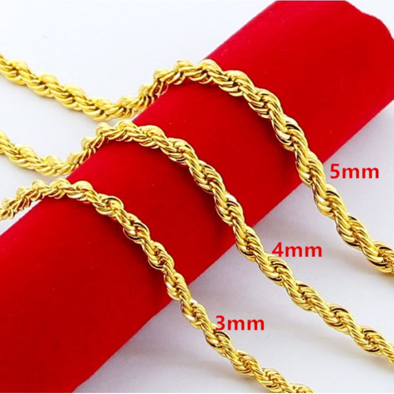 24K 9999 Gold Twisted Rope Necklace 3/4/5mm, Real Solid Gold Chain, Luxury Jewelry Women Men