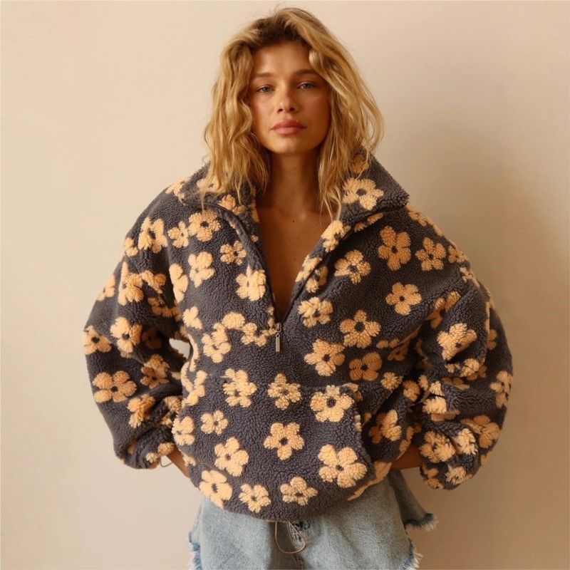 Fashionable Warm Plush Hoodie With Casual Flower Print Loose High Collar Loose Long Sleeve Fleece Hoodie