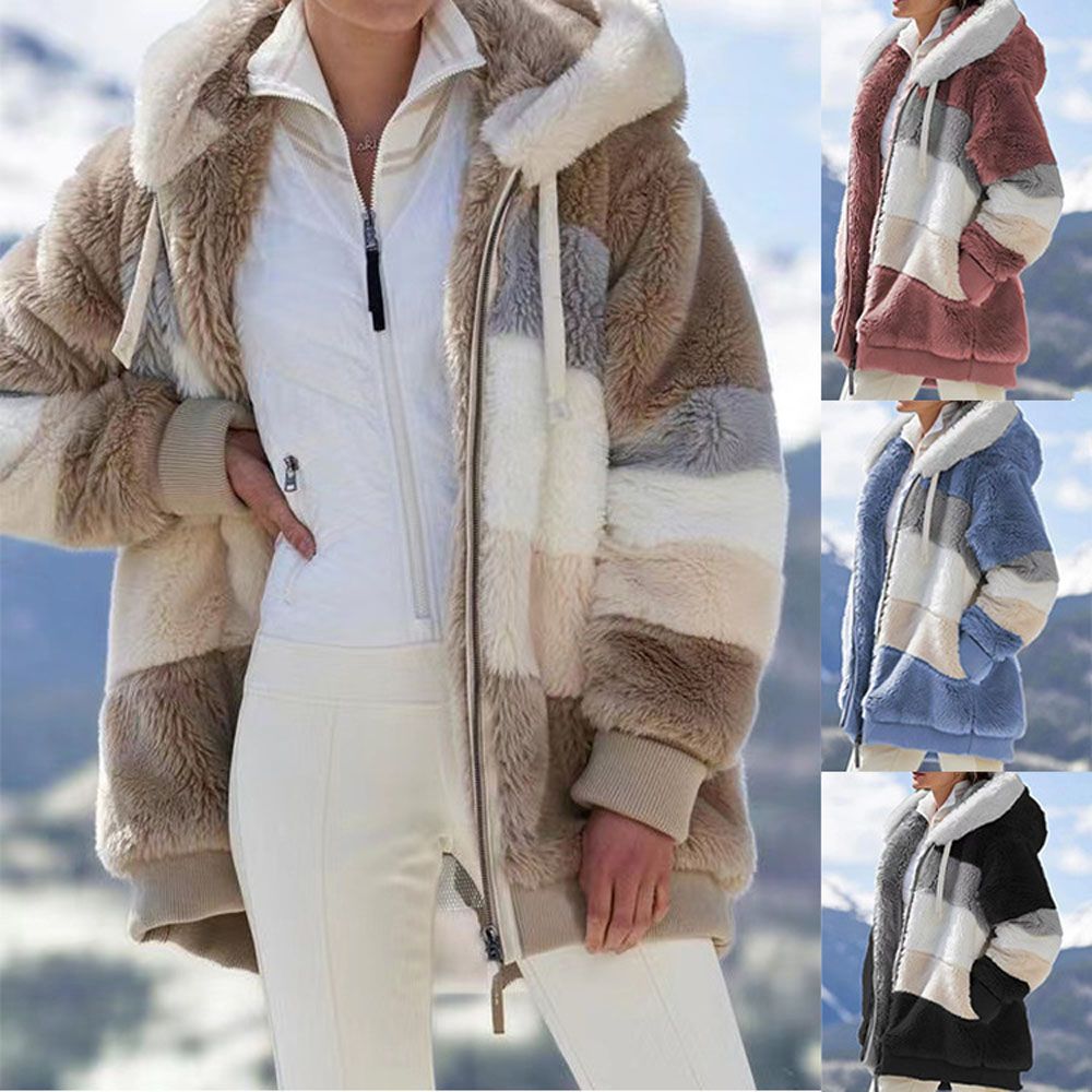 Women Striped Patchwork Fleece Hoodie Coat
