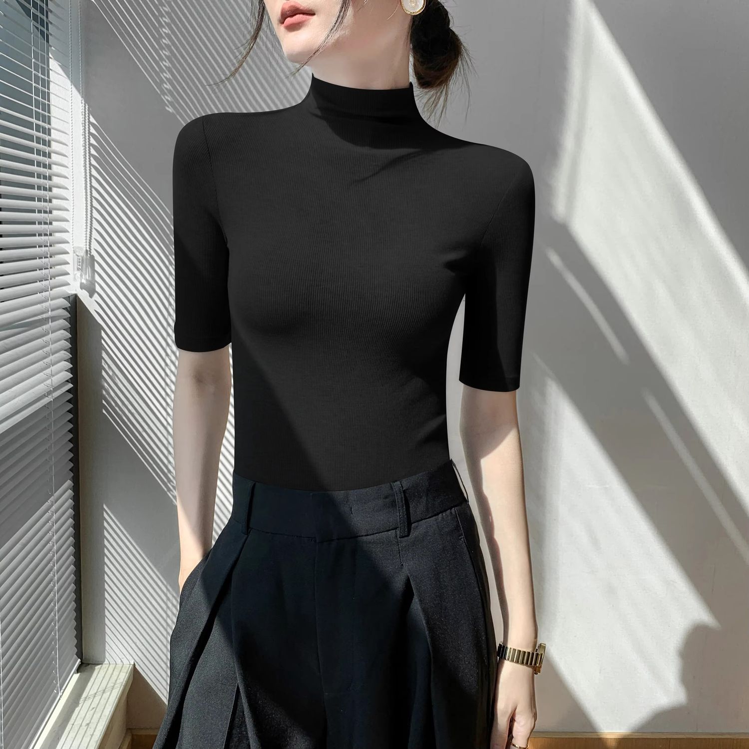Turtleneck Sweater Bottom Shirt Women's Medium Sleeve Short Sleeve Tops