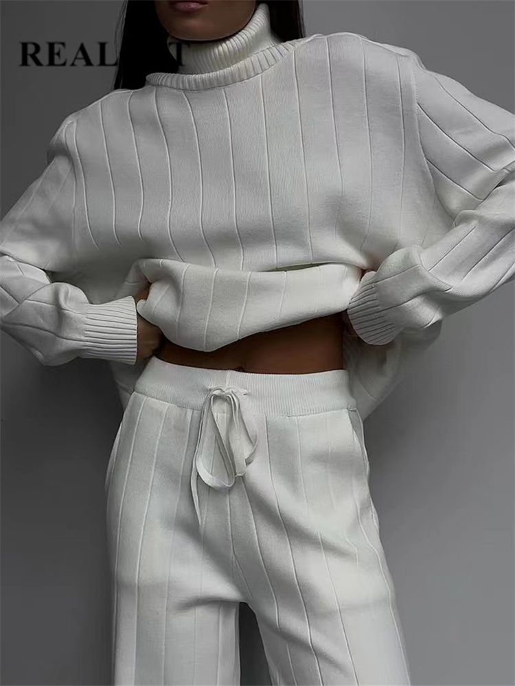 REALEFT Autumn Winter 2 Pieces White Women's Sets Knitted Tracksuit Turtleneck Sweater and Straight Jogging Pant Suits
