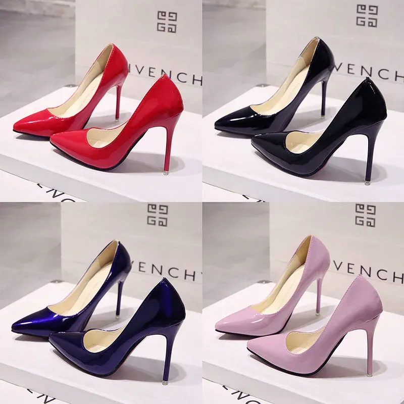 Solid Color Pumps Women High Heel Shoes Patent Leather Sexy Pointed