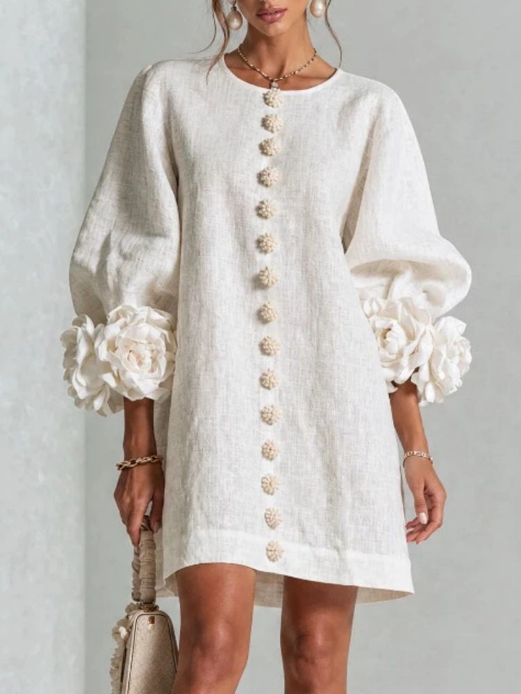 Women Linen Mini Dress O Neck Puff Long Sleeve 3D Flower Cuff Decor Flower