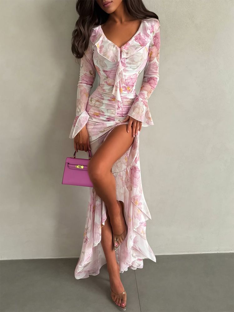 Women Pink Floral Print Maxi Dress Elegant High Chiffon Dresses