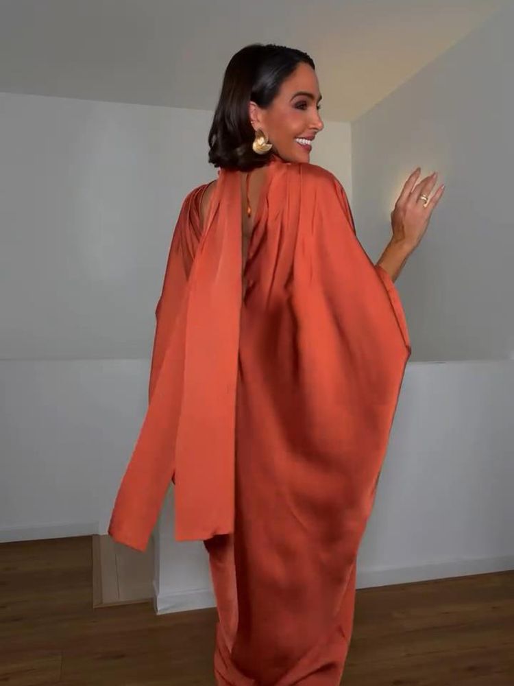 Women Solid Satin Maxi Dress High Neck Batwing Sleeve Loose Fit Front Slit Dresses