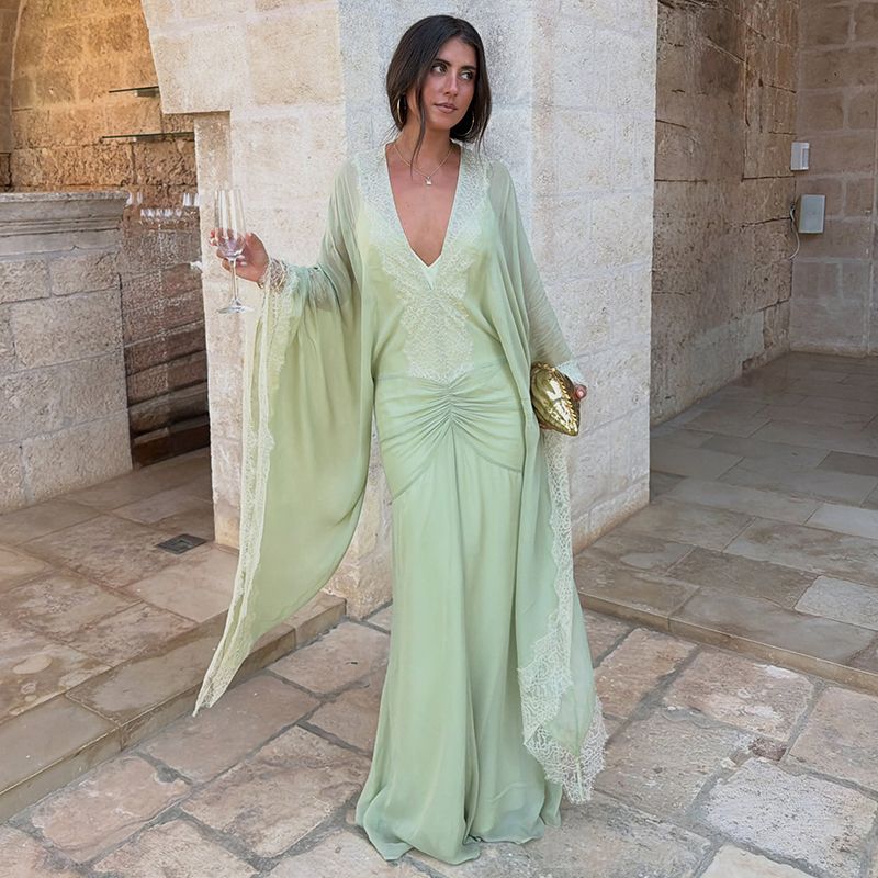 Sexy Deep V Neck Lace Trim Chiffon Maxi Gown Elegant Trendy Ruched Waist Mermaid Dress